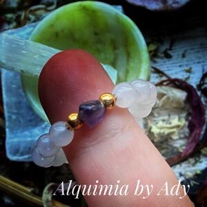 Rose Quartz Beaded Ring — Amethyst Focal, Size 9